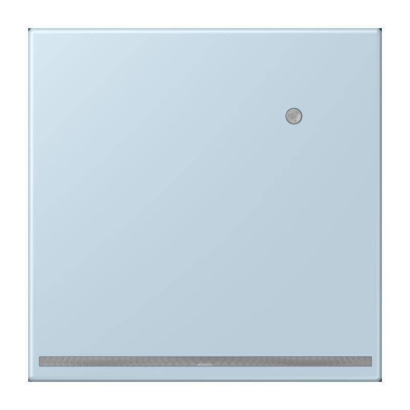 Hellblauer quadratischer Fliese mit einem kleinen kreisförmigen Knopf nahe der oberen rechten Ecke und einem schmalen horizontalen Streifen am unteren Rand.