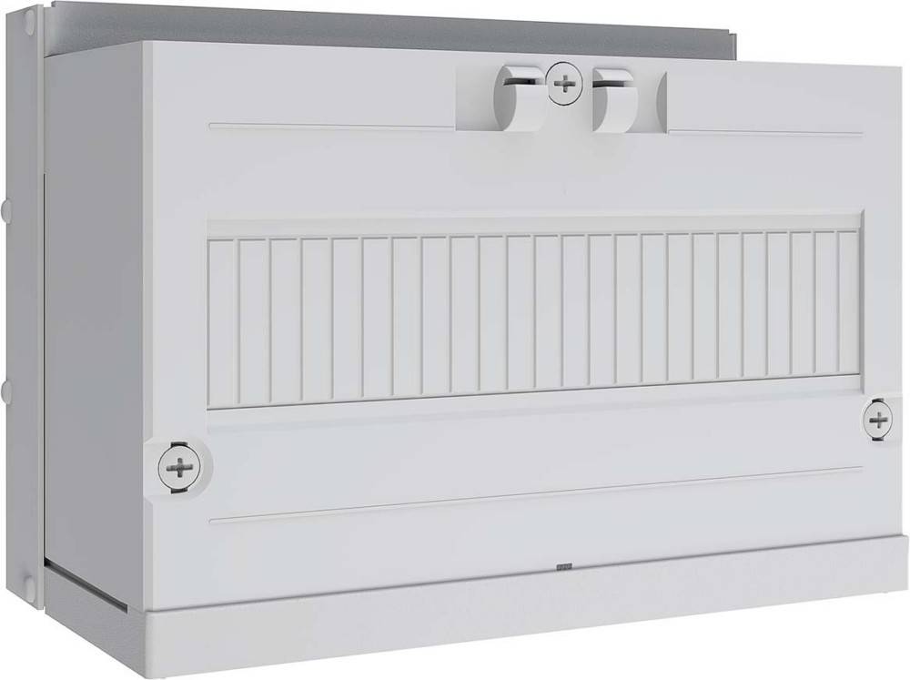 Elektrische Verteilerdose mit einer geschlossenen Frontplatte, ausgestattet mit Schraubbefestigungen und einem rechteckigen, minimalistischen Design.
