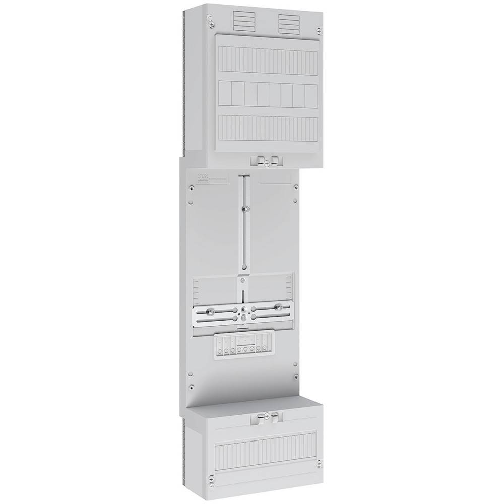 Metallische Verteilertafel mit mehreren Fächern, Leistungsschaltern und Sammelschienen, verwendet zur elektrischen Stromverteilung.