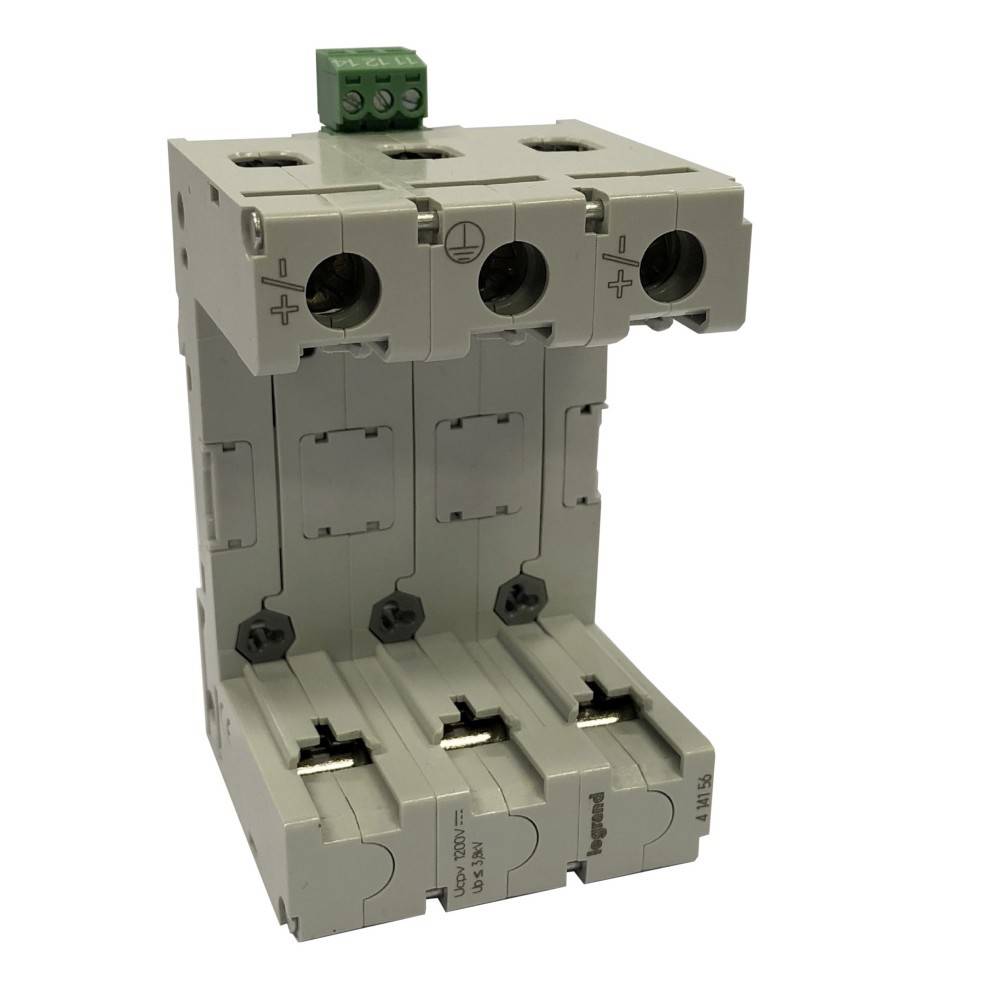 Dreiphasige modulare Elektrovorrichtung mit Plus- und Minuszeichen an den Anschlüssen, verwendet zum Verbinden von Stromkreisen.