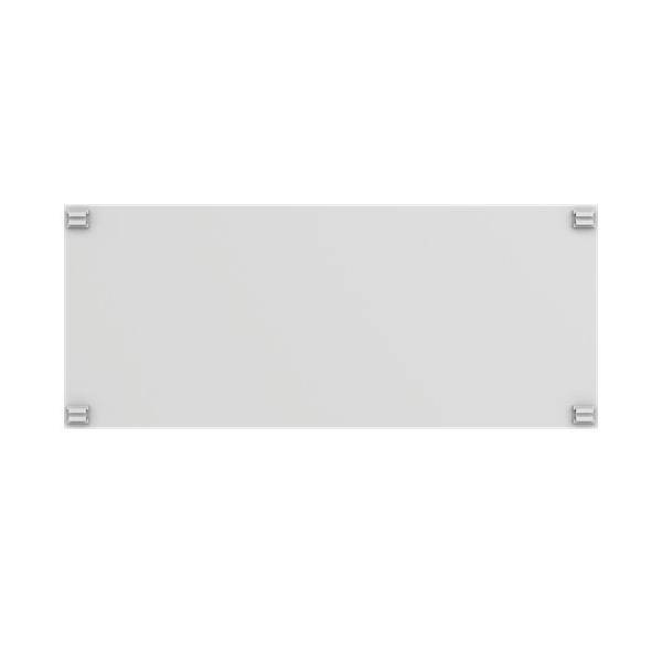 Ein klares, rechteckiges Glaspanel mit vier Chrom-Halterungen montiert, das hauptsächlich als Whiteboard zum Schreiben und für Präsentationen verwendet wird.