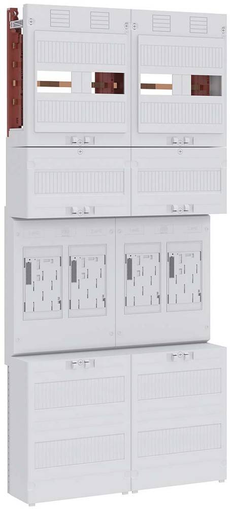 „Weißes elektrisches Verteilerkästen mit mehreren Sicherungsautomaten und leeren Panels, typischerweise für die Stromversorgung in Wohn- oder Gewerbegebäuden verwendet.