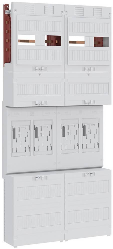 Weißes elektrisches Verteilerschaltpult mit Steckplätzen für Sicherungsautomaten, in einem rechteckigen Rasteranordnung an einer Wand montiert.