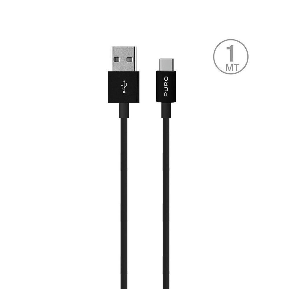 USB-Kabel zu USB-C, schwarz, 1 Meter Länge, mit USB-Symbol auf einem Stecker und Markenlogo auf dem anderen, vor weißem Hintergrund.
