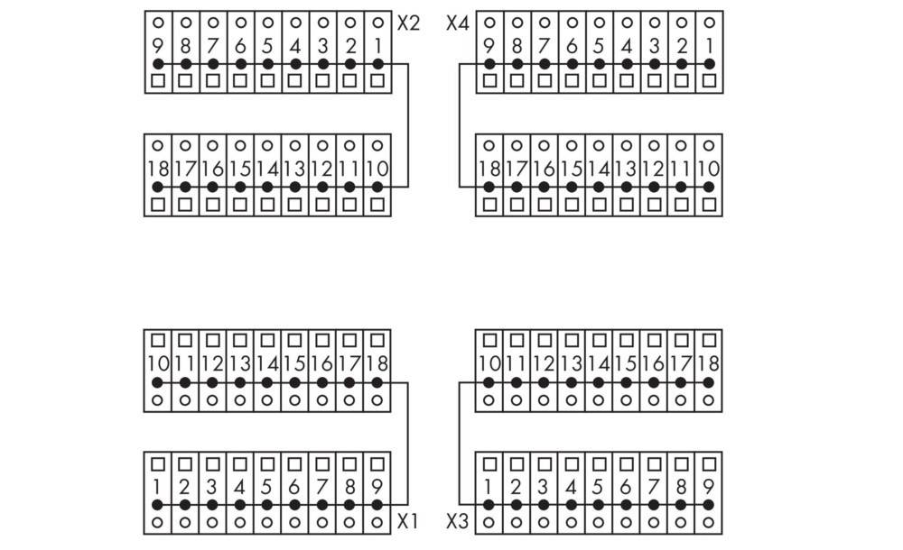 Diagramm mit vier Sätzen von nummerierten Quadraten, die durch Linien miteinander verbunden sind und Wechselbeziehungen zwischen Elementen in festgelegten Sequenzen veranschaulichen.