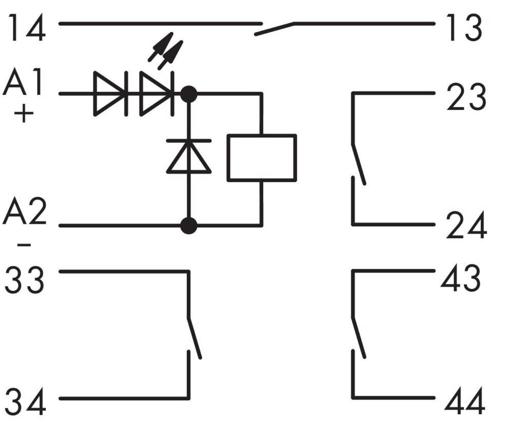 Schematische Darstellung einer Logikgaterschaltung mit Dioden und Verbindern, die eine Abfolge von Pfaden mit fünf beschrifteten Verbindungspunkten zeigt.