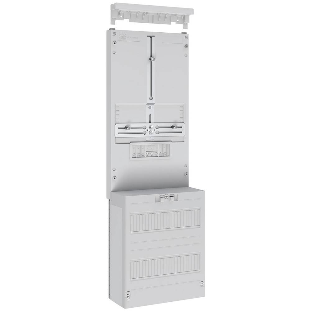 Eine moderne elektrische Verteilerdose mit mehreren Sicherungsautomatenplätzen und einem montierten Schutzdeckel, geeignet für den Wohnbereich.