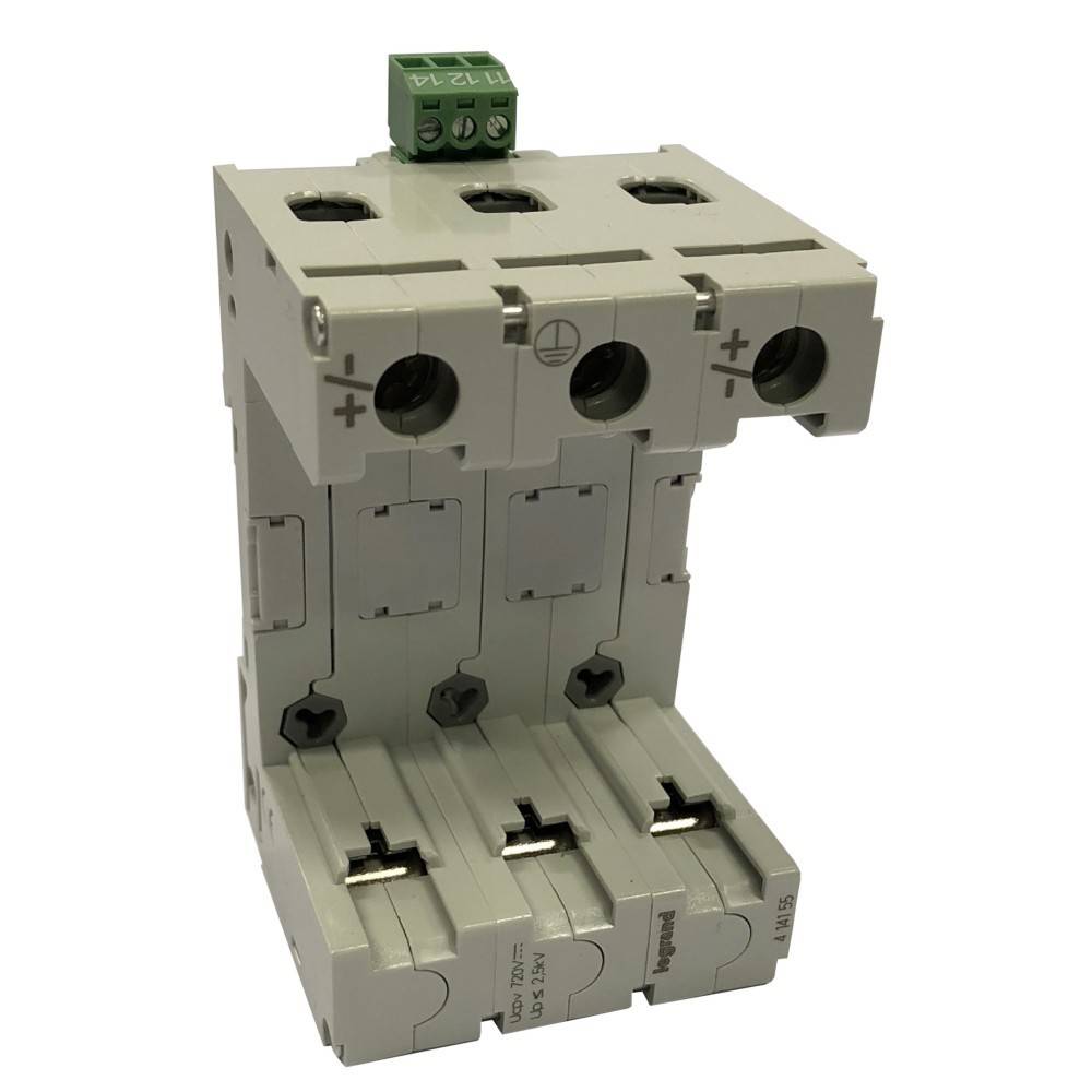 Eine dreiphasige industrielle elektrische Vorrichtung mit Anschlusspunkten oben und unten, die zur Schaltkreisverwaltung oder -verteilung verwendet wird.