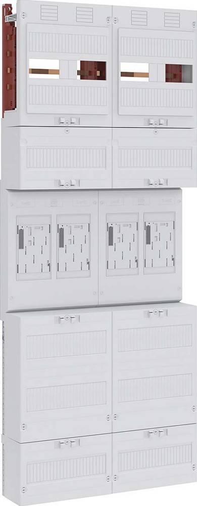 Ein Stapel von vier weißen elektrischen Verteilerkästen, jeder mit geschlossenen Türen, ordentlich vor einem schlichten Hintergrund angeordnet.