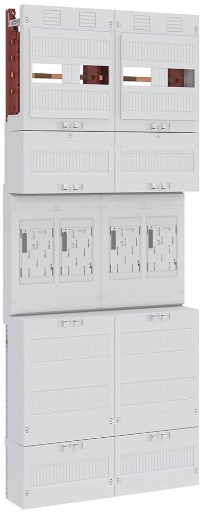 Weißer, kastenförmiger elektrischer Schaltschrank mit mehreren Schlitzen und Abdeckungen.