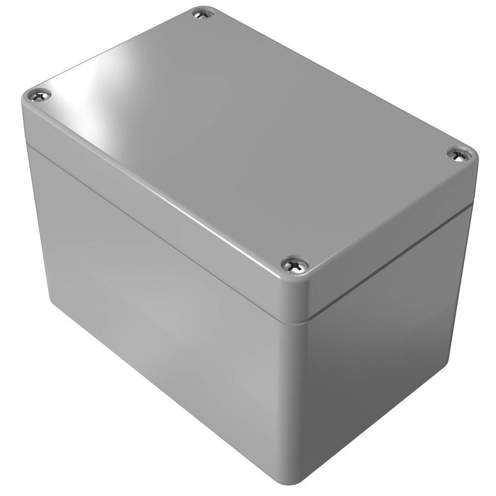 Eine graue metallene rechteckige elektrische Anschlussdose mit sichtbaren Befestigungsschrauben an jeder Ecke.