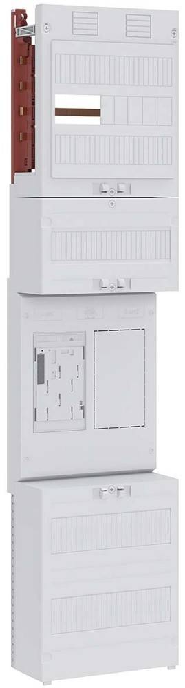 Eine weiße elektrische Verteilerdose mit Aussparungen für Sicherungsautomaten und einem transparenten Deckel, die üblicherweise zur Unterbringung von elektrischen Steuerungssystemen verwendet wird.