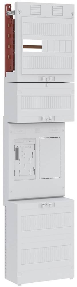 Ein grauer Elektroschrank mit abgedeckten Bereichen und Schlitzen. Ein oberer Abschnitt hat eine horizontale Tafel mit Markierungen, möglicherweise zur Identifizierung von Stromkreisen.