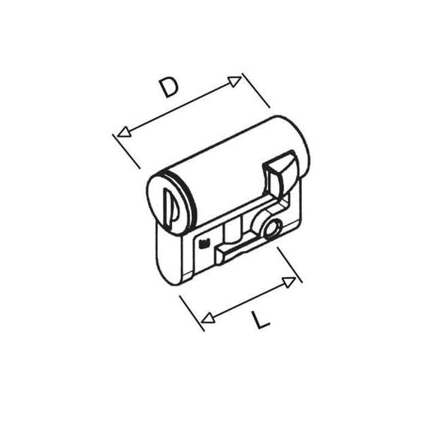 Diagramm einer zylindrischen Schließzylinder-Nabe mit Pfeilen, die Länge (L) und Durchmesser (D) angeben.