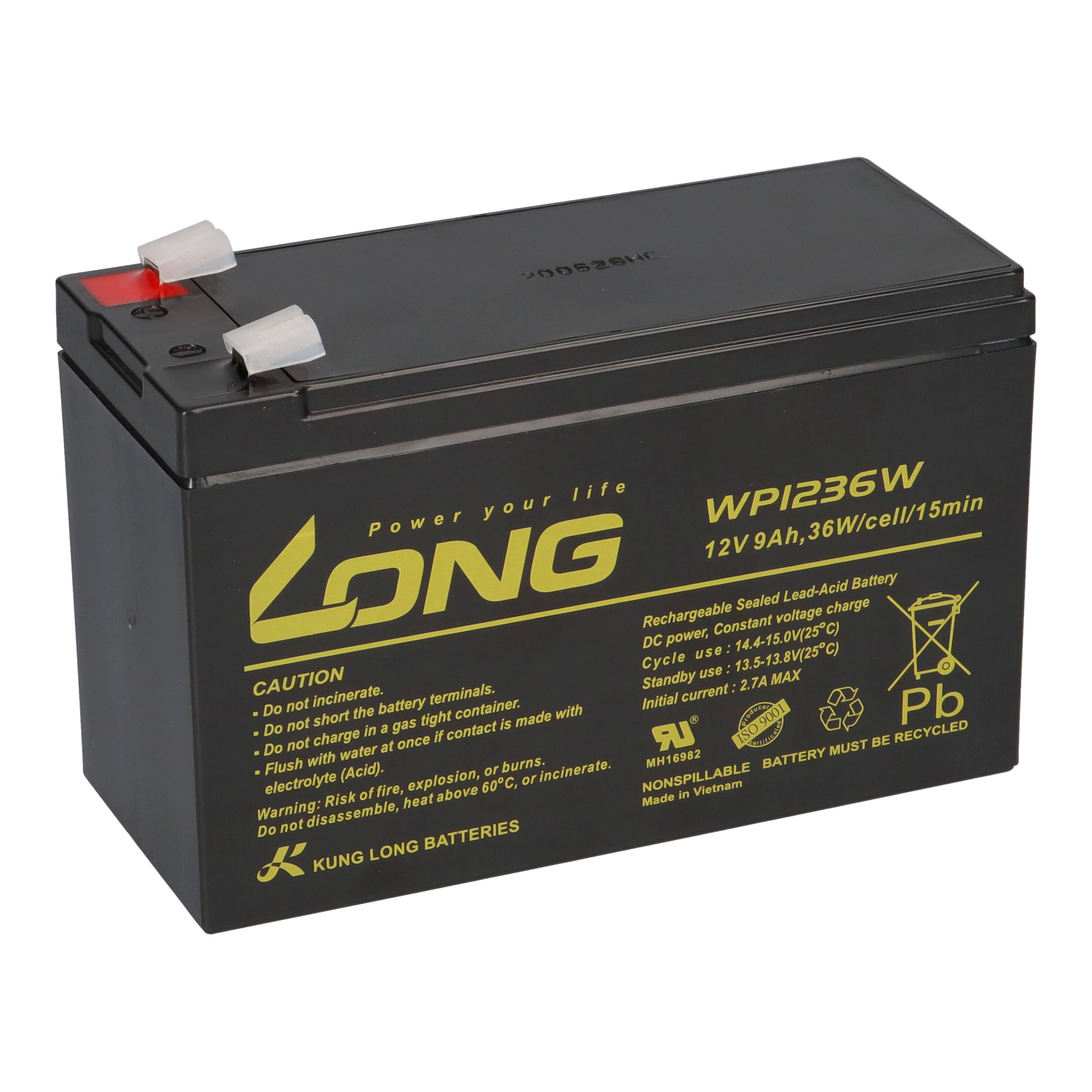 Schwarze wiederaufladbare versiegelte Blei-Säure-Batterie mit Anschlüssen, gekennzeichnet mit LONG WPI236W 12V 9Ah für Stromausfallsicherung.