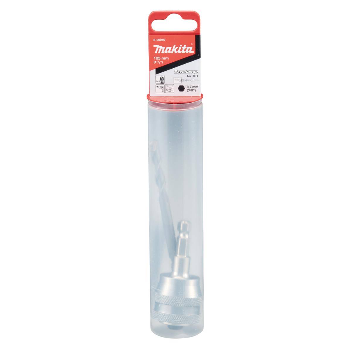 Makita-Bohrfutter-Adapter in einer durchsichtigen Kunststoffröhrenverpackung mit rot-weißem Etikett.