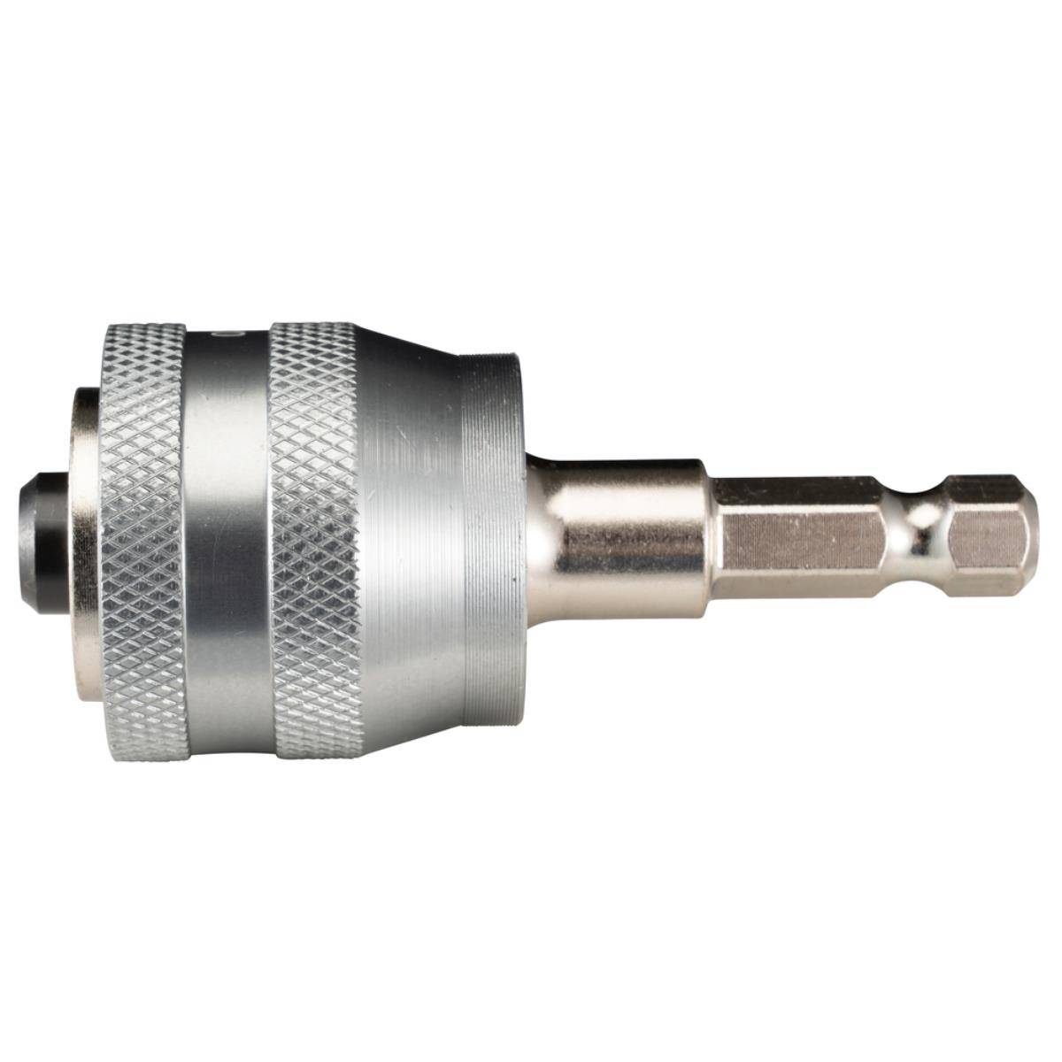 Metallschnellspannbohrfutteradapter mit Sechskantschaft auf weißem Hintergrund.