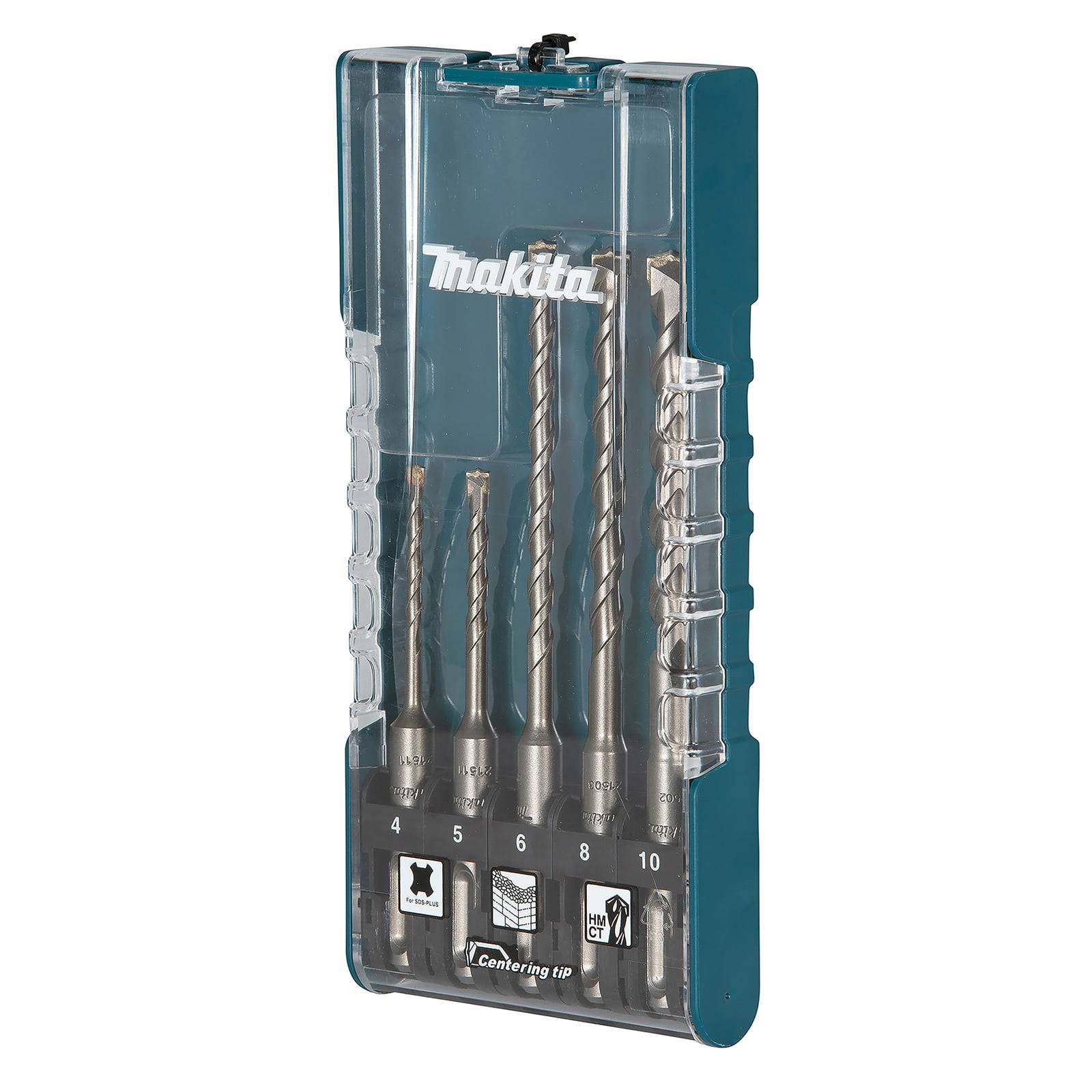Ein Set mit fünf Makita-Bohrern in einer transparenten Plastikbox, beschriftet mit den Größen 4, 5, 6, 8 und 10. Geeignet für Betonarbeiten.