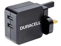 Schwarzes Duracell-Wandladegerät mit zwei USB-Anschlüssen und einem Stecker, isoliert auf weißem Hintergrund dargestellt.
