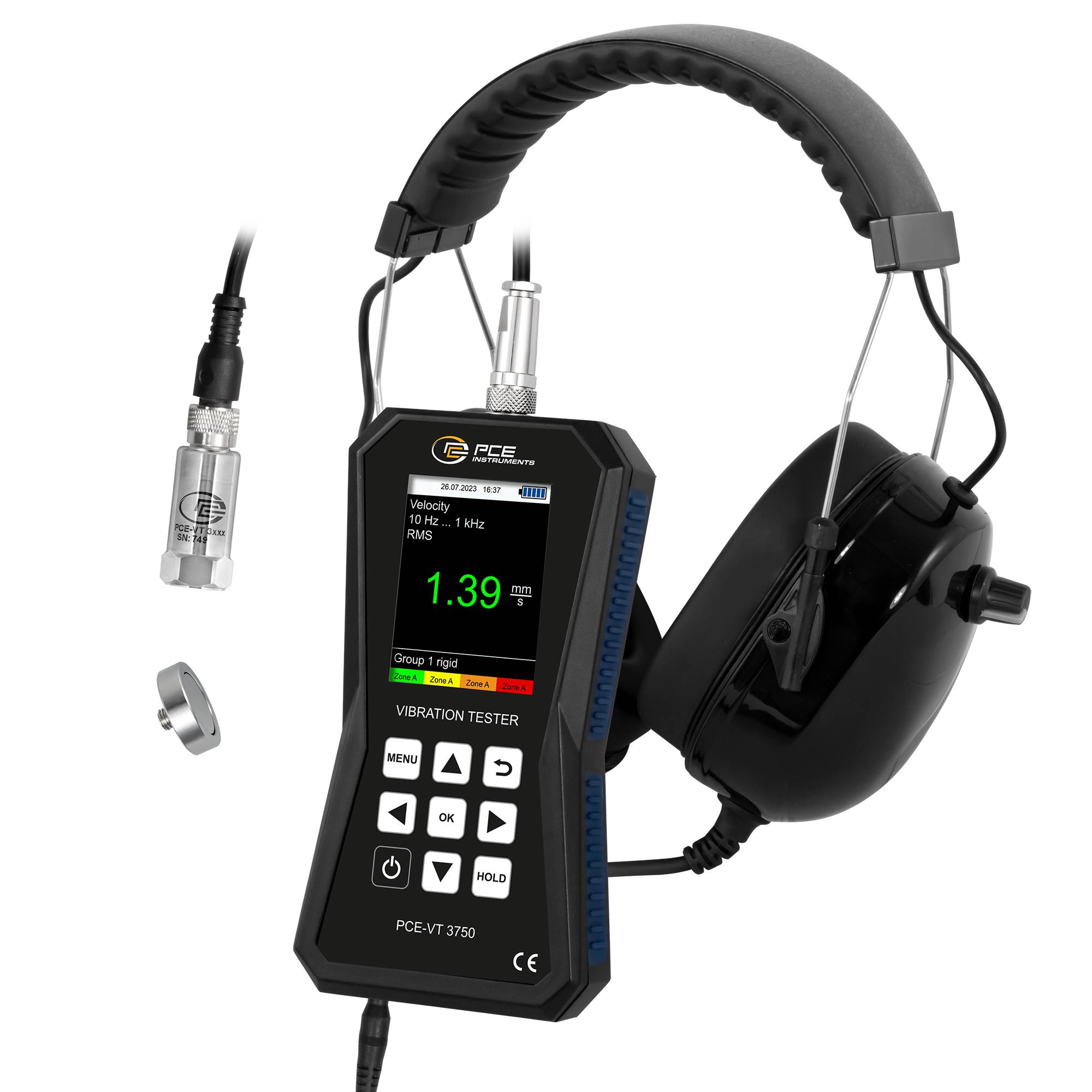 PCE Instruments Schwingungsmessgerät PCE-VT 3750 inkl. Kopfhörer |automatische ISO 10816-3 Bewertung |farbiges Display