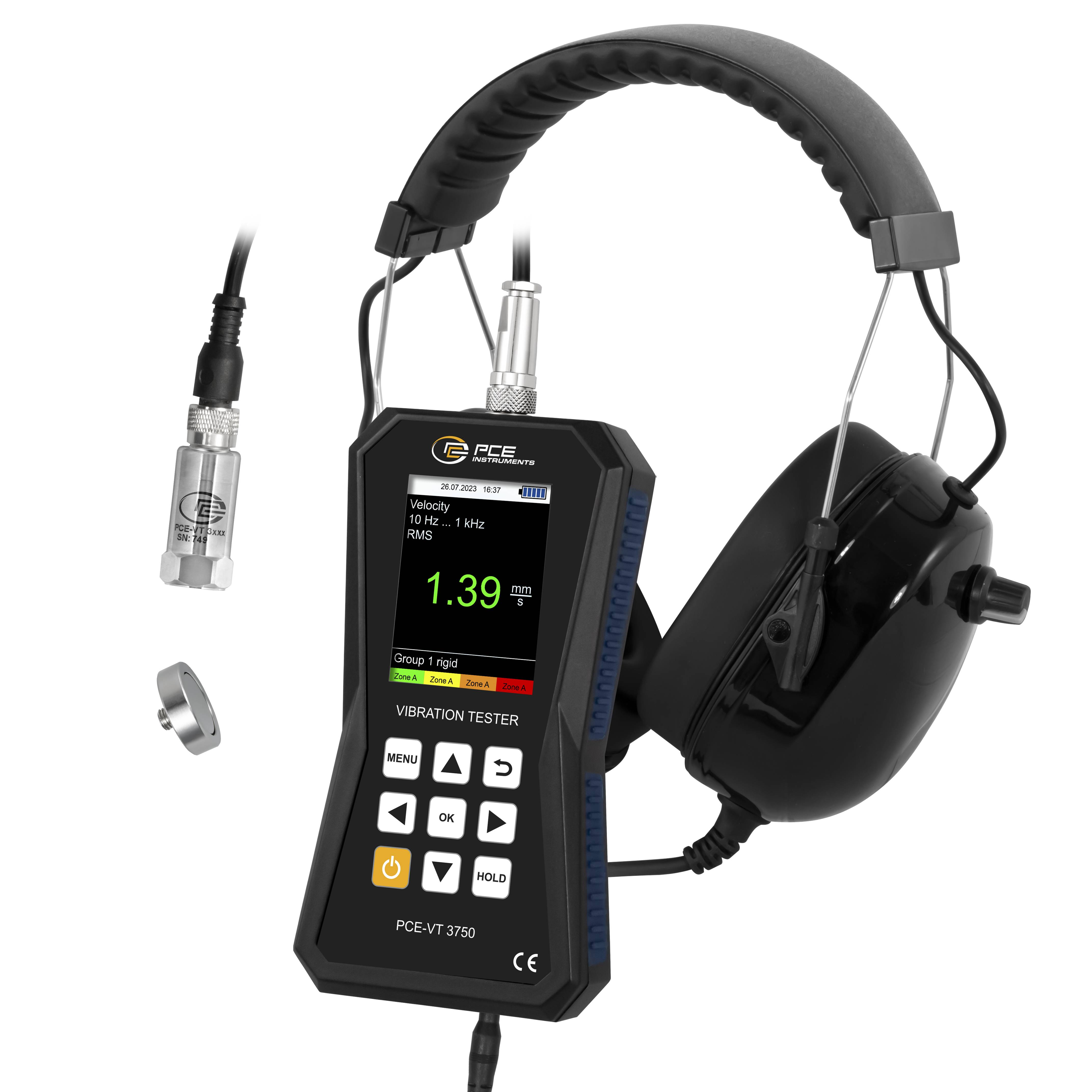 PCE Instruments Schwingungsmessgerät PCE-VT 3750 inkl. Kopfhörer |automatische ISO 10816-3 Bewertung |farbiges Display