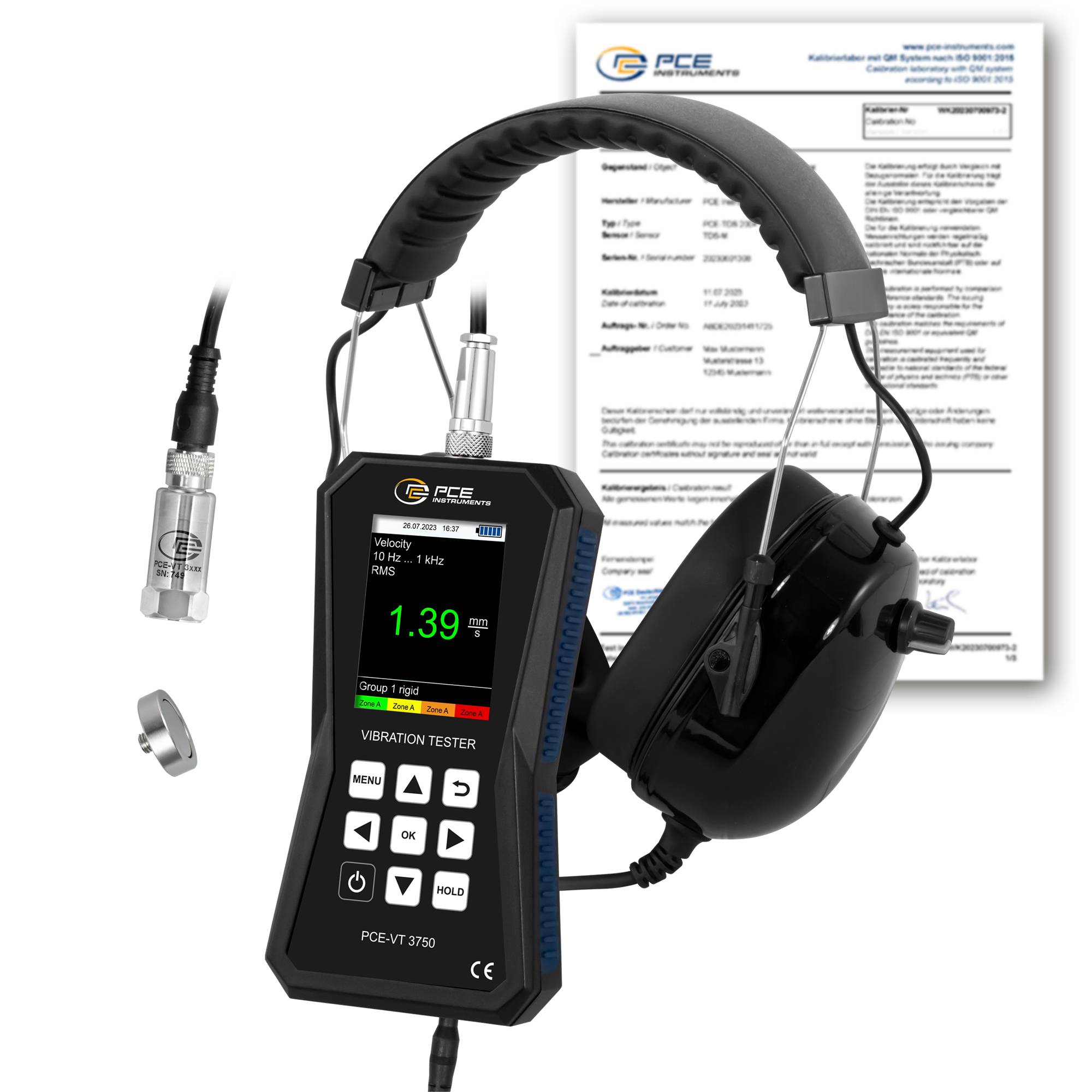 PCE Instruments Schwingungsmesser PCE-VT 3750-ICA inkl. ISO-Zertifikat & Kopfhörer |Beschleunigung|Geschwindigkeit|Weg