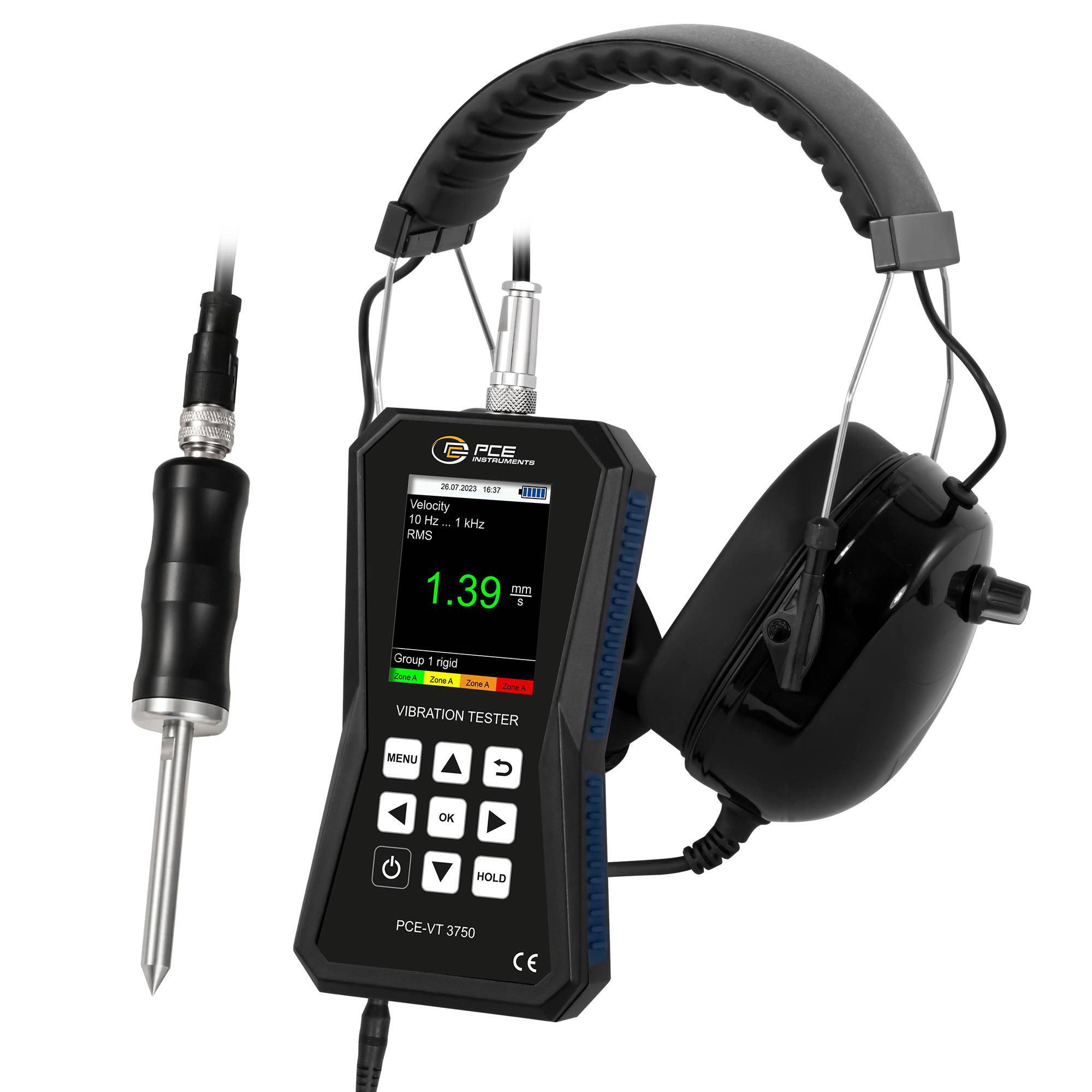 PCE Instruments Vibrationsmessgerät PCE-VT 3750S inkl. Nadelfühler |Kopfhörer |Beschleunigung |Geschwindigkeit |Weg