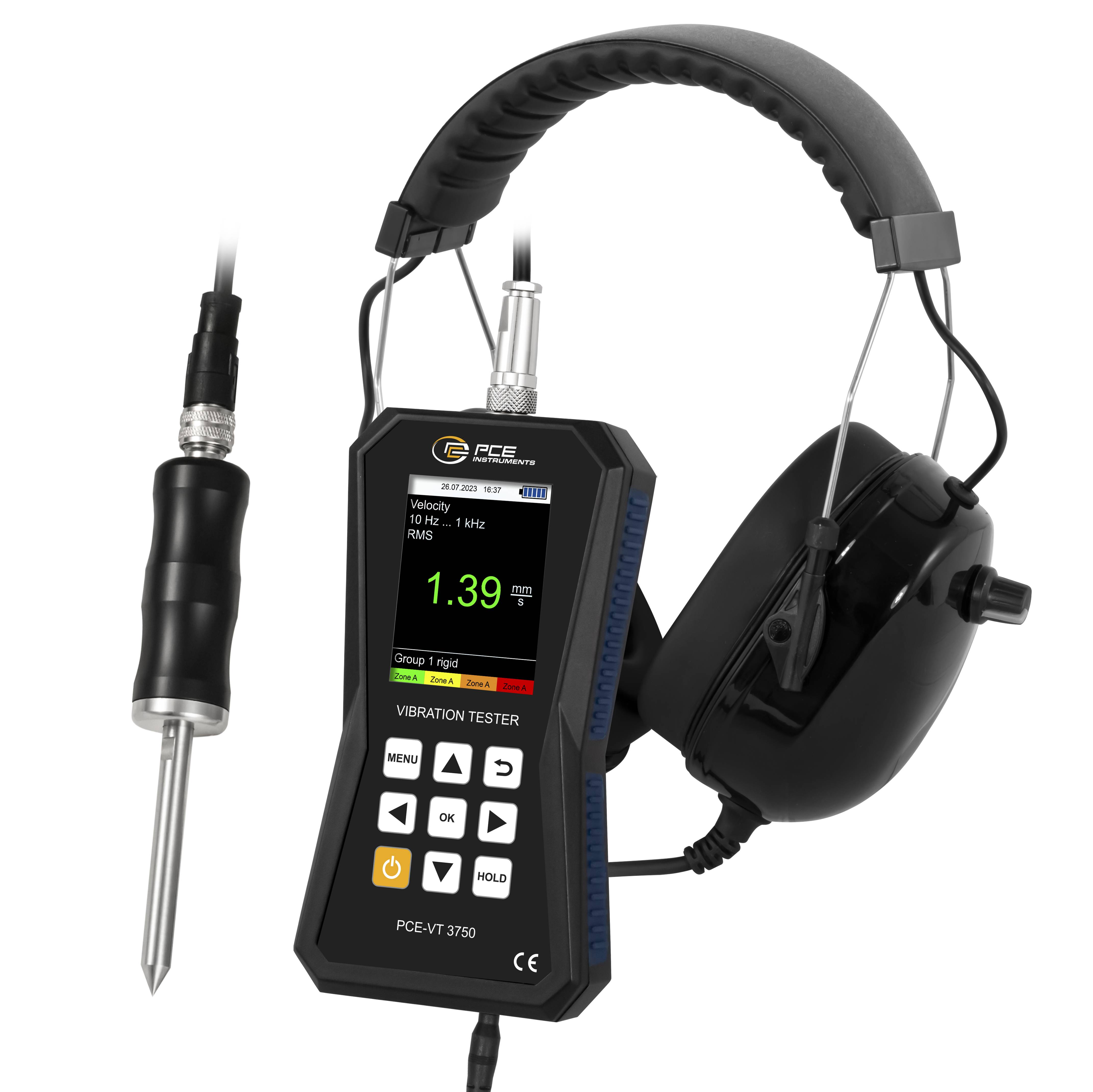 PCE Instruments Vibrationsmessgerät PCE-VT 3750S inkl. Nadelfühler |Kopfhörer |Beschleunigung |Geschwindigkeit |Weg