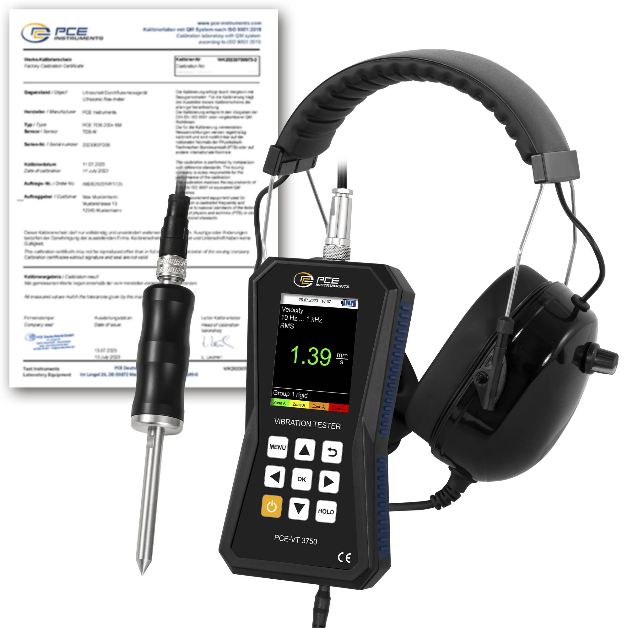 PCE Instruments Schwingungsmessgerät PCE-VT 3750S-ICA inkl. ISO-Zertifikat |Kopfhörer |Nadelfühler |RMS|Peak|Peak-Peak