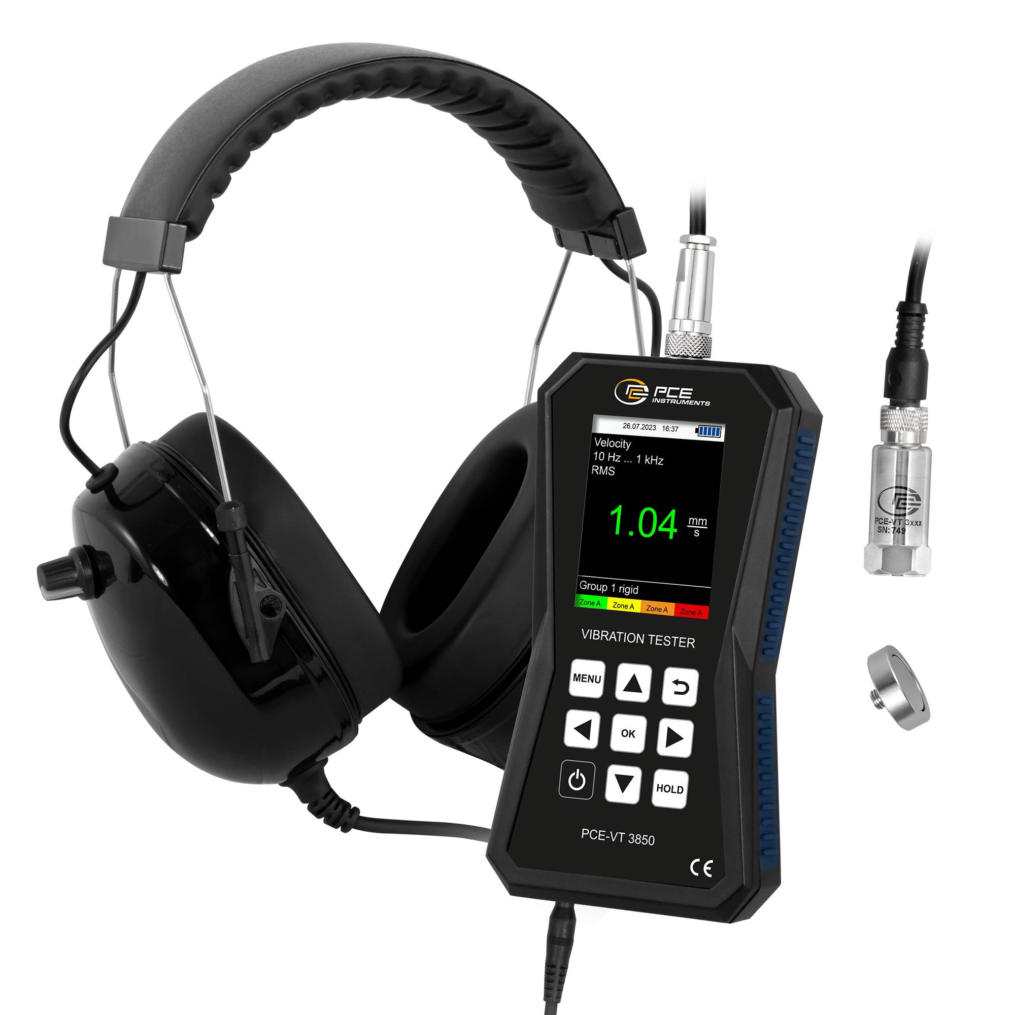 PCE Instruments Schwingungsmesser PCE-VT 3850 inkl. externen Sensor & Kopfhörer |Software |Spitzenwertmessung |Speicher