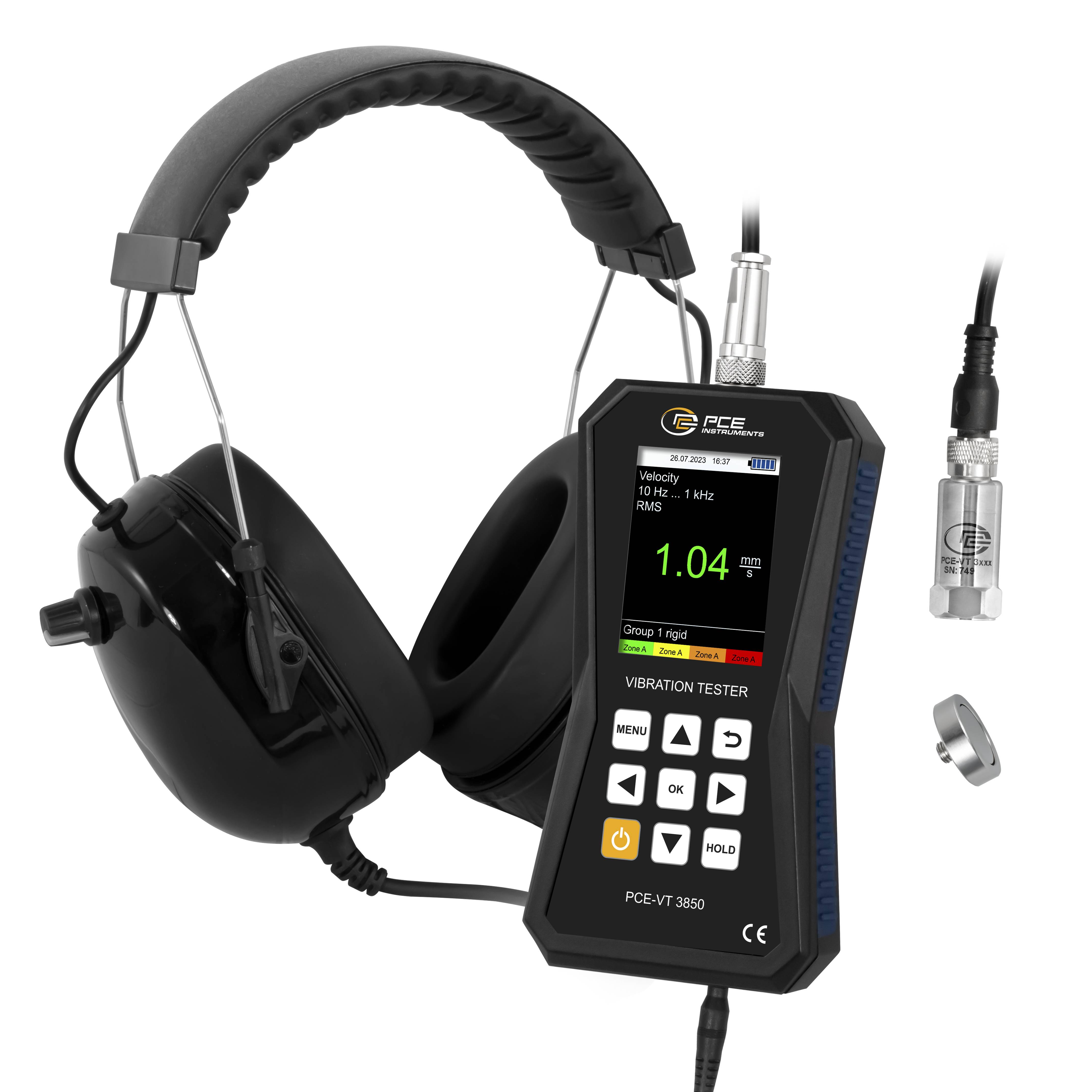 PCE Instruments Schwingungsmesser PCE-VT 3850 inkl. externen Sensor & Kopfhörer |Software |Spitzenwertmessung |Speicher