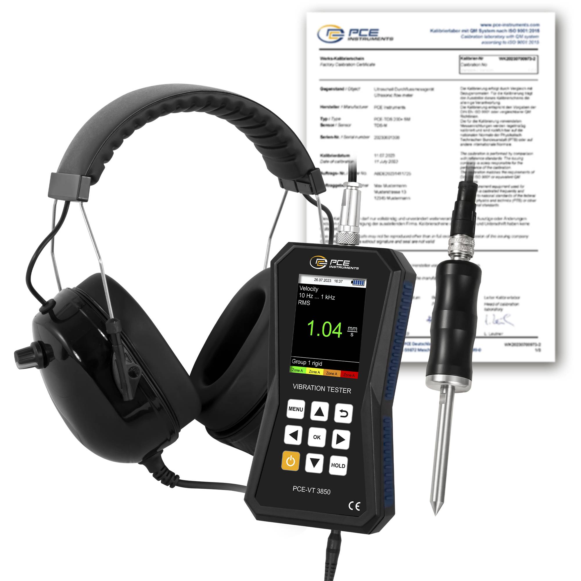 PCE Instruments Beschleunigungsaufnehmer PCE-VT 3850S-ICA inkl. ISO-Kalibrierzertifikat |Prüfung v. Maschinen & Anlagen