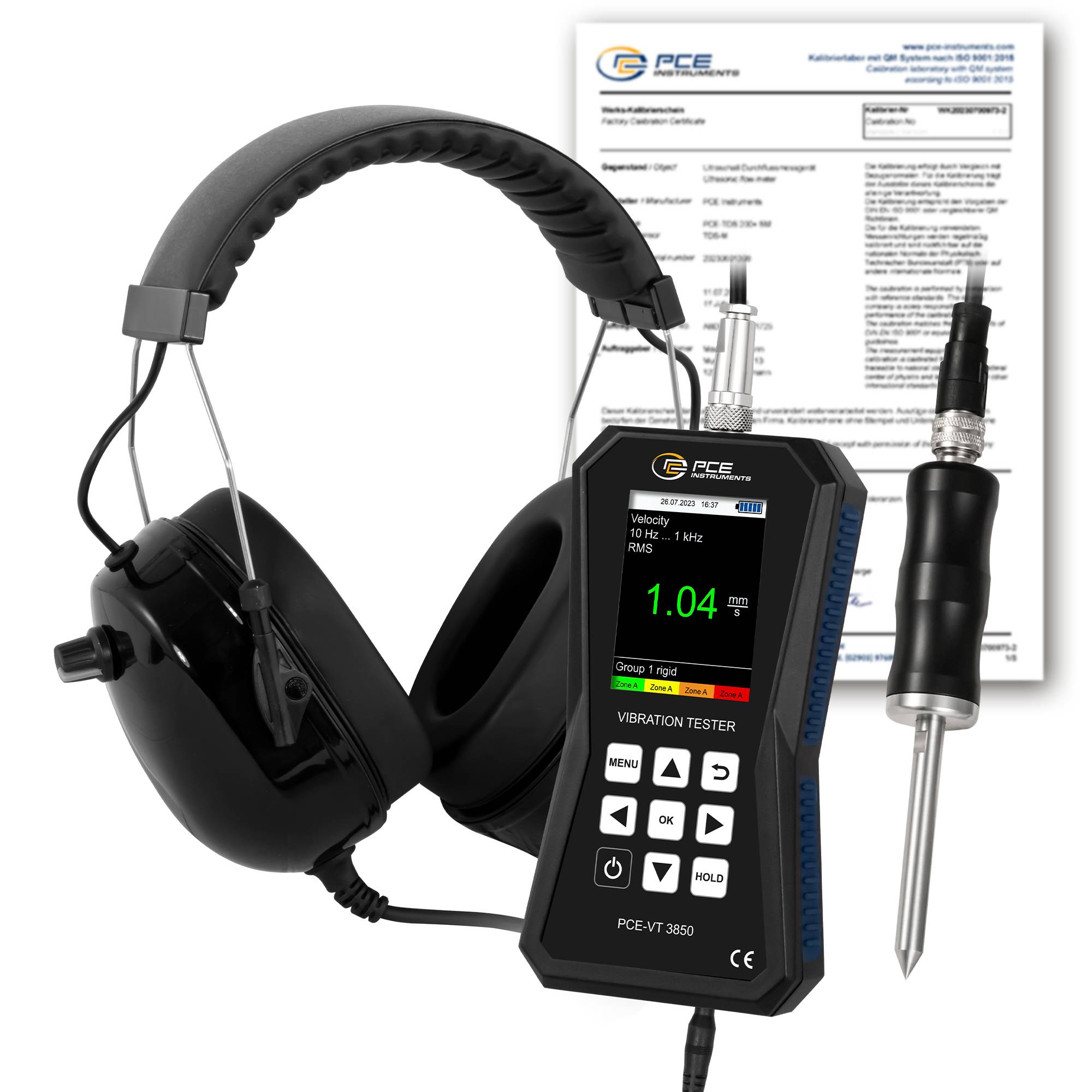 PCE Instruments Beschleunigungsaufnehmer PCE-VT 3850S-ICA inkl. ISO-Kalibrierzertifikat |Prüfung v. Maschinen & Anlagen