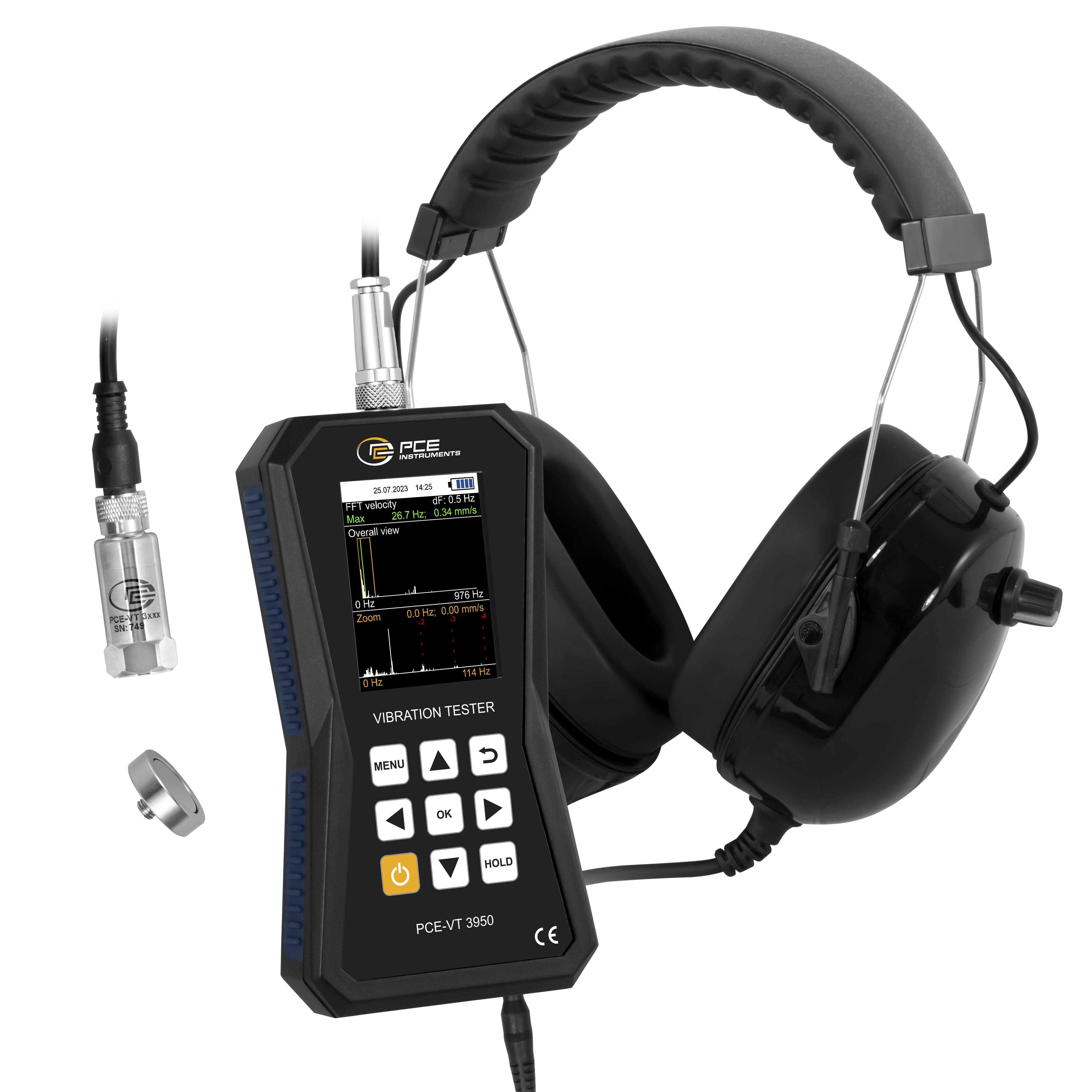 PCE Instruments Schwingungsmesser PCE-VT 3950 inkl. Kopfhörer |Drehzahl 600..50000 RPM |0,0..399,9 m/s² |FFT-Analyse