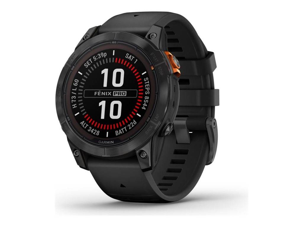 Eine schwarze digitale Smartwatch, die Uhrzeit, Höhenlage, Schritte und Akkulebensdauer anzeigt. Der Bildschirm zeigt 'Fenix Pro'. Die Uhr verfügt über ein robustes Design.