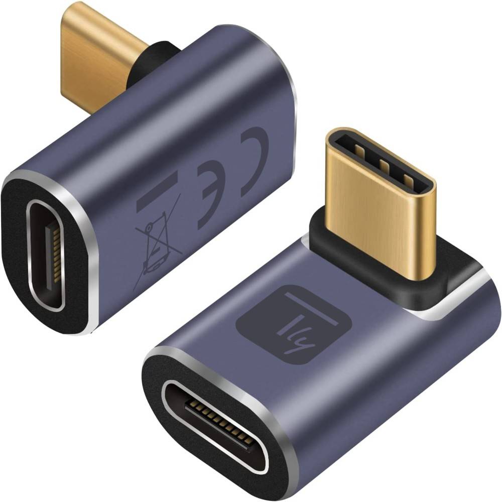 Zwei USB-C-Adapterstecker, die in verschiedenen Winkeln dargestellt sind – einer gerade und einer im rechten Winkel – mit vergoldeten Anschlüssen und dunkelgrauen Gehäusen.