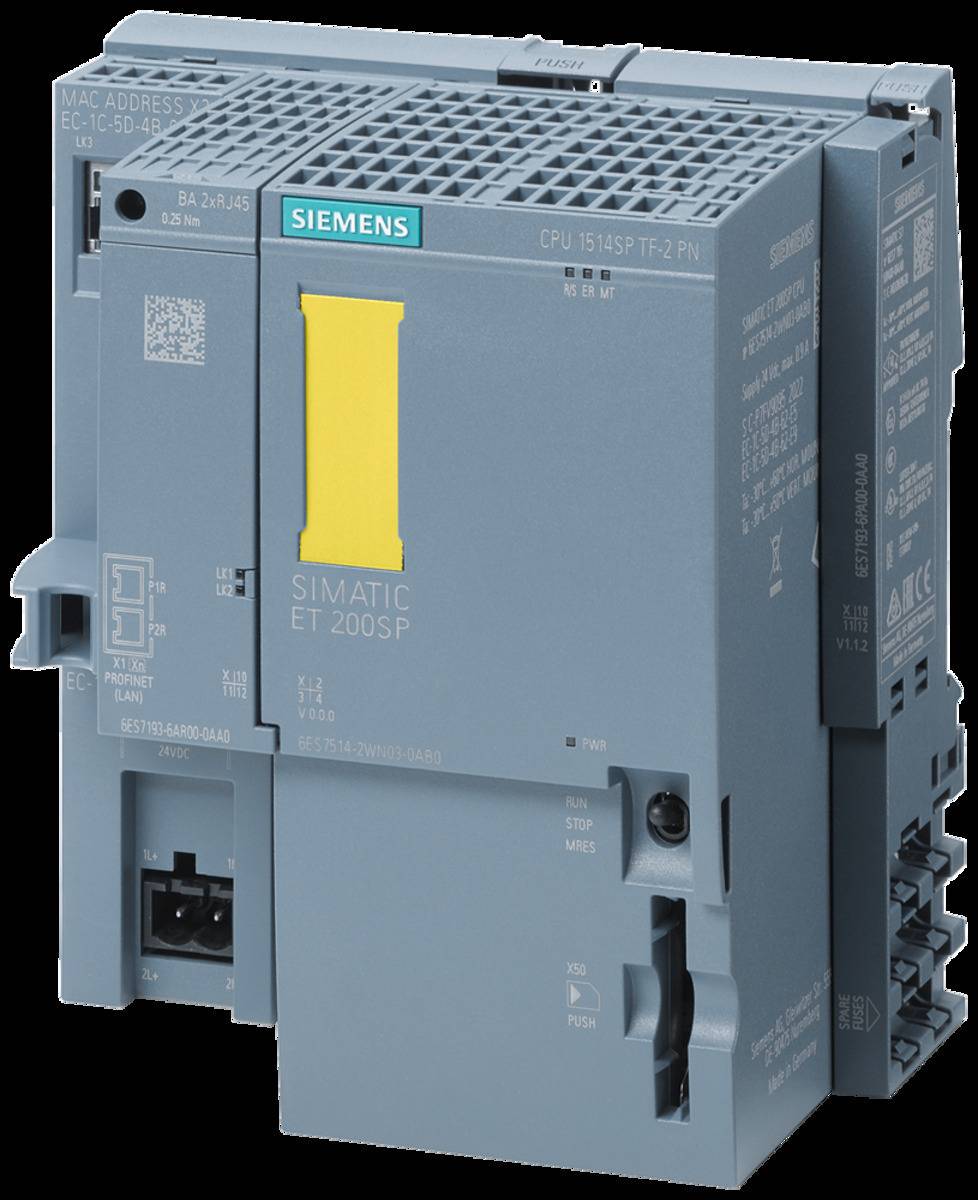Siemens SIMATIC ET 200SP CPU' Industriemodul mit sichtbaren Anschlüssen und Anzeigen, verwendet für Automatisierung und industrielle Steuerungssysteme.