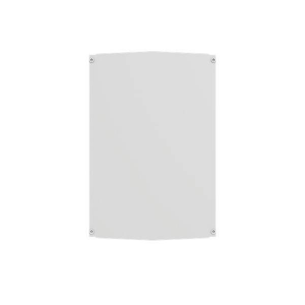 Weiße rechteckige Platte mit abgerundeten Ecken und Schrauben in jeder Ecke, auf einfachem weißen Hintergrund.