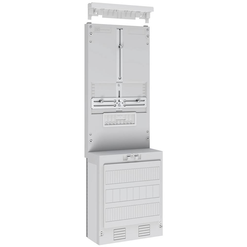 Weißes elektrisches Verteilerpanel mit mehreren Sicherungsautomaten und Schaltern, ausgelegt zur Steuerung der Stromversorgungssysteme eines Gebäudes.