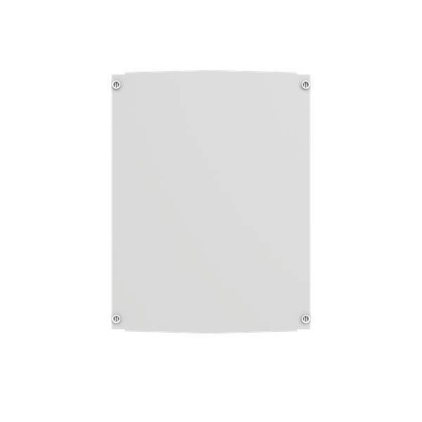 Ein leeres weißes Rechteck mit abgerundeten Ecken, das einem schlichten Metall- oder Kunststoffschild ähnelt, ist auf weißem Hintergrund zentriert.