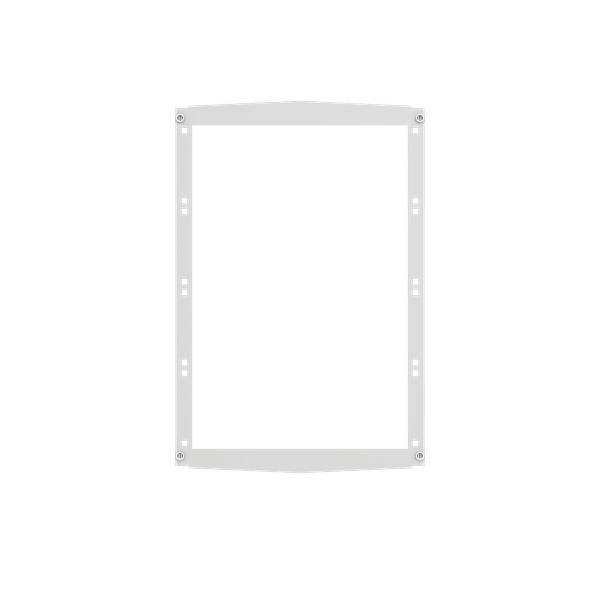 Ein rechteckiger weißer Rahmen mit gleichmäßig verteilten Löchern an den Seiten, die auf eine Montageklammer oder Strukturunterstützung hindeuten.