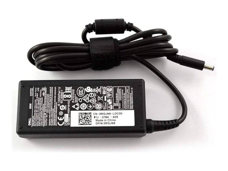 Schwarzer Dell-Laptop-Netzadapter mit Spiralkabel und Hohlstecker auf weißem Hintergrund.