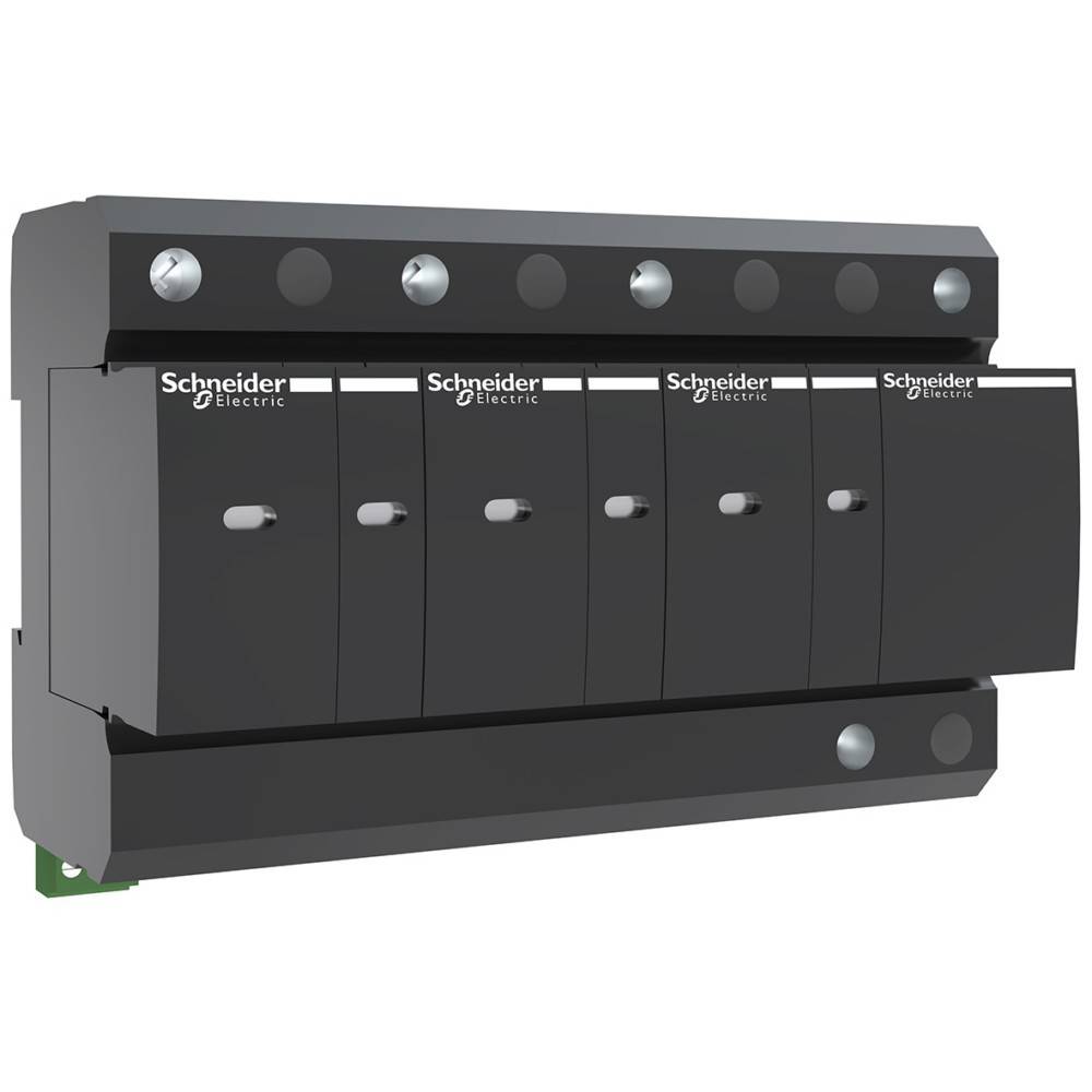 Ein schwarzer Schneider Electric Sicherungsautomatblock mit sechs beschrifteten Einheiten, mit Befestigungslöchern und kompaktem Design für elektrische Systeme.