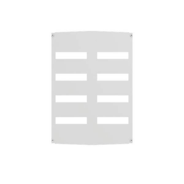 Ein weißes Identifikationspaneel mit einem Raster aus acht rechteckigen Öffnungen, angeordnet in zwei Spalten zu je vier, für Kennzeichnungszwecke verwendet.