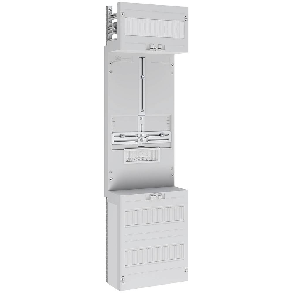 Eine elektrische Verteilertafel in vertikaler Anordnung mit drei Abschnitten. Jeder Abschnitt verfügt über mehrere Unterbrecher-Steckplätze und eine geschlossene Gruppentür.