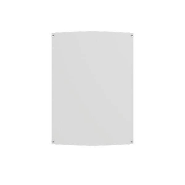 Ein weißes, gebogenes rechteckiges Panel mit vier kleinen Schrauben an jeder Ecke vor einem schlichten Hintergrund.