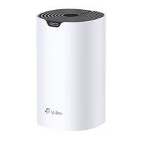 Weißer TP-Link Deco zylinderförmiger Wi-Fi-Mesh-Router mit dunkler belüfteter Oberseite, gezeigt auf einem schlichten weißen Hintergrund.