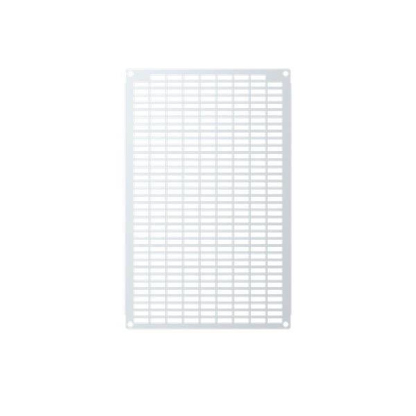 Ein weißes rechteckiges Gitterplattenpanel mit gleichmäßig verteilten horizontalen und vertikalen Linien und vier Befestigungslöchern in den Ecken.