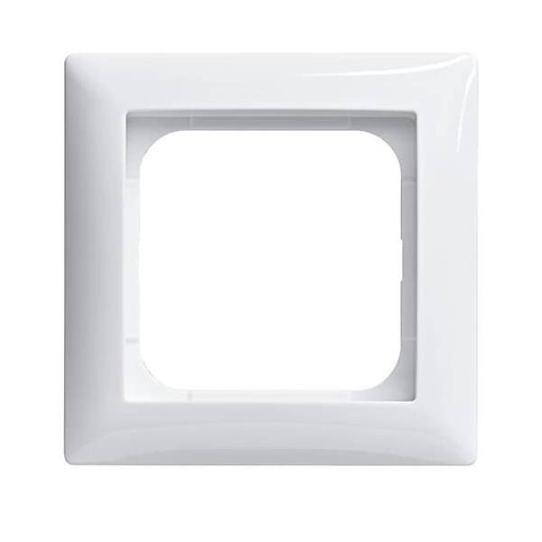 Weißer Kunststoff-Wandsteckdosenrahmen mit einer quadratischen Öffnung für elektrische Schalter oder Steckdosen.