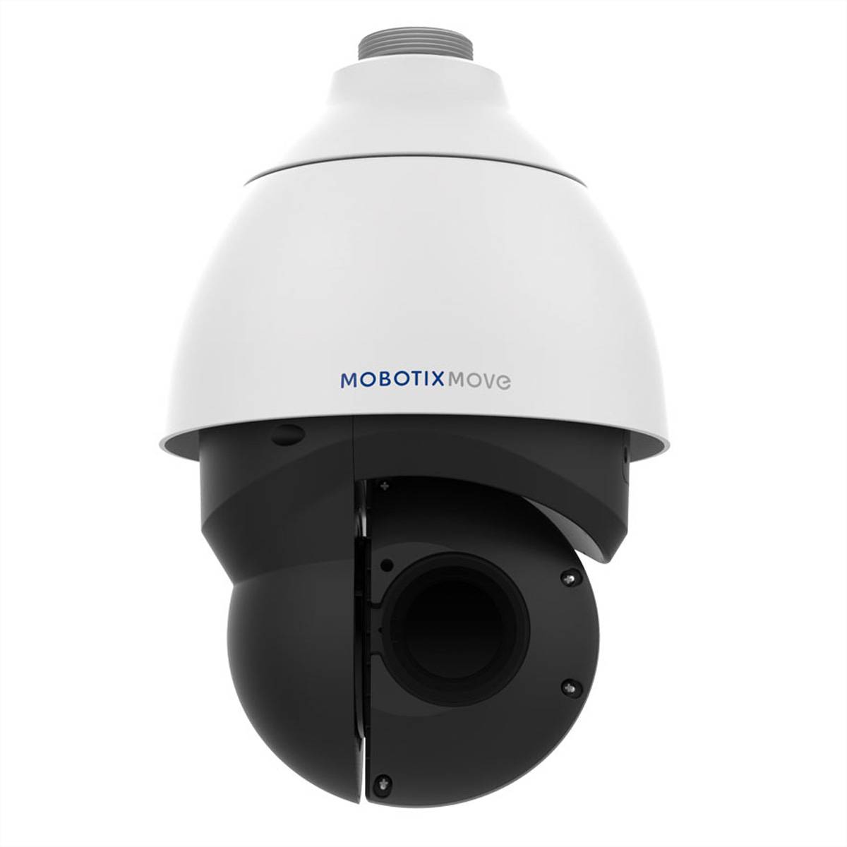 MOBOTIX MOVE Domensicherheitskamera in Weiß und Schwarz, in Frontansicht auf schlicht strukturiertem Hintergrund dargestellt.